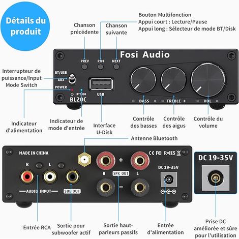 BL20C Amplificateur Bluetooth 5.0 Lecteur de clé USB Mini Hi-FI 2.1 CH Classe D TDA7498E Ampli de Puissance intégré pour Enceintes Subwoofer Passives Actif Domestiques (1/4)