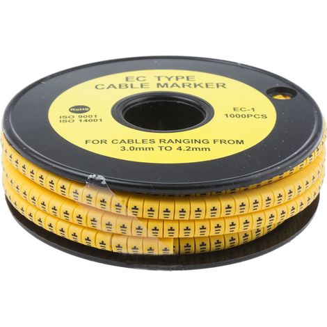 Repère câble , Ø câble 3 4.2mm, texte : Earth, Noir sur Jaune ( Prix pour Bobine de 1000 )