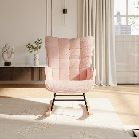 Poltrona a dondolo in tessuto bouclé rosa - Sedia a dondolo design scandinavo per salotto e camera