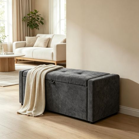 Banco de almacenamiento, cabecero de cama, reposapiés de lino con asiento grande (1/5)