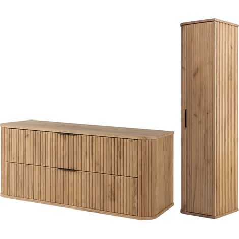 Ensemble de meubles de salle de bain, 2 tiroirs, 1 porte, fermeture douce, façades rainurées, Chêne Craft, 120,4 x 41,5 x 51,7 cm (1/5)