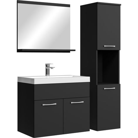 Badplaats – Ensemble de meubles de salle de bain suspendu 60 cm – Meuble vasque noir mat avec 2 portes – Vasque blanche en résine – Miroir et colonne inclus