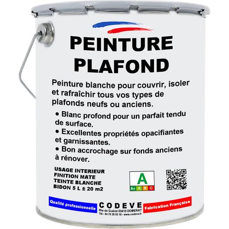 Codève Bois – Peinture plafond 5 L – Blanc pur RAL 9010 – Finition mate pour intérieur – Excellente opacité et accrochage