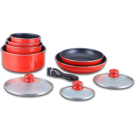 Batterie de cuisine revêtement pierre avec manche amovible 10 pieces rouge Herzberg HG5000-RD