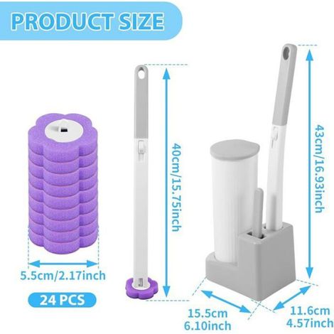 Brosse WC - Tête Jetable avec Facteur Nettoyant Hydrosoluble - Poignée Allongée Ergonomique - Support Mural ou au Sol - 1 Brosse + 24 Têtes de Rechange (1/5)