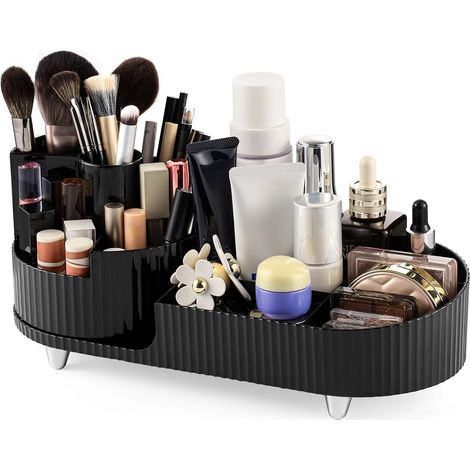 Organisateur maquillage rotatif 360° noir, compartiment 2-en-1, pour cosmétiques, soins et accessoires.