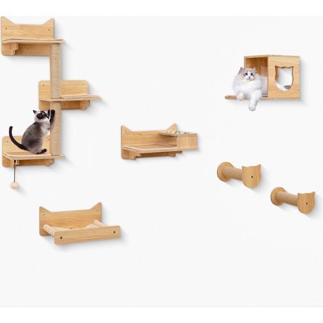Ensemble mural pour chat en bois naturel avec 6 éléments, niche, hamac, griffoirs et gamelles pour salon, chambre et intérieur (1/5)