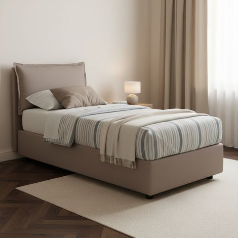 Talamo Italia Letto singolo Carla, Letto contenitore con rivestimento in tessuto, 100% Made in Italy, Apertura frontale, adatto per materasso Cm 90x200, Tortora, con imballo rinforzato (1/5)