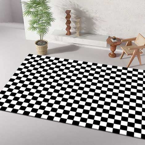 Tapis à carreaux 80x160cm, lavable, noir, idéal pour chambre, entrée, bureau ou dortoir. (1/5)
