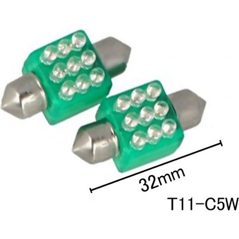 Coppia 2 Lampade Led T11 C5W Siluro 32mm Quadrato Con 9 Led F3 Colore Verde Green 12V 0,2W