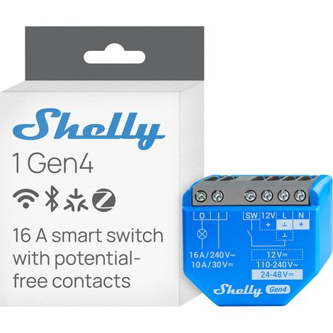 Shelly 1 Gen4 – Módulo interruptor inalámbrico Matter, Zigbee y Wi-Fi, 1 canal 16A, Contactos secos, Relé abrepuertas de garaje, Control por aplicación y voz Alexa, Google, SmartThings y Apple HomeKit