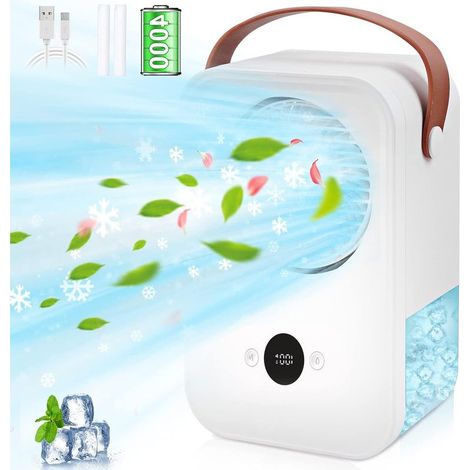 Condizionatore portatile 4 in 1 con aromaterapia, mini climatizzatore silenzioso da 4000 mAh, ventilatore, umidificatore e nebulizzatore a 4 velocità per camera da letto, ufficio e campeggio (1/4)