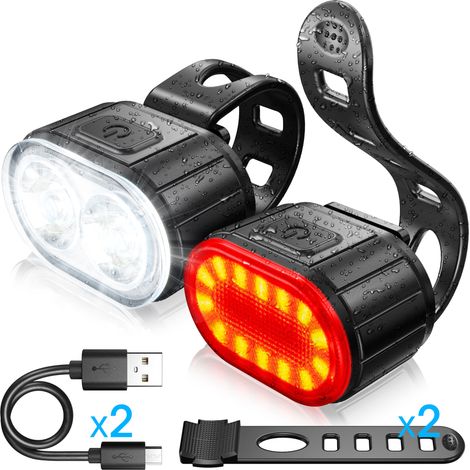 Lumiere Velo Ensemble, Eclairage Velo a LED Puissant Kit, Lampe Velo IPX5 Etanche Feux de Vélo Rechargeables par USB, Lumière Velo Route Avant et Arrière pour Hommes et Femmes Enfant 4/6 modes (1/5)