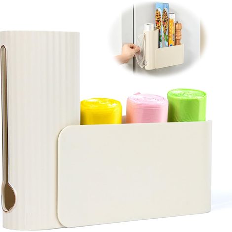 Distributeur Sac Poubelle, Pliable Rangement de Sac Poubelle en Plastique, Murale Organisateur de Sachets Poubelles pour Cisines, Salles de Bains et Bureaux (Blanc Laiteux) (1/5)