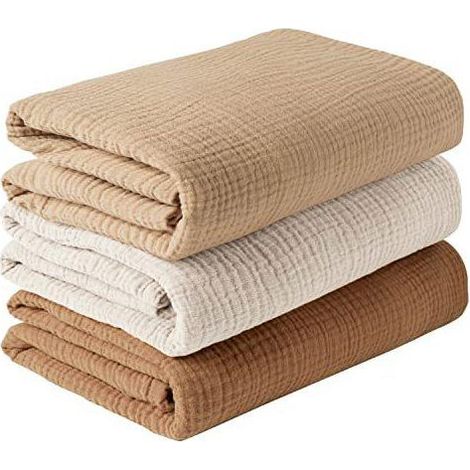 Ensemble de trois couvertures pour bébé en mousseline, couverture d'emmaillotage pour nouveau-crème abricot + café + kaki (1/4)