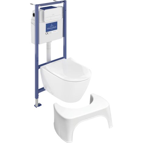 Pack inodoro VILLEROY ET BOCH Subway 2.0 sin reborde con asiento de cierre suave + estructura Viconnect PRO + placa cromada mate + taburete blanco