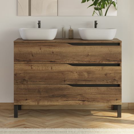 Meuble de salle de bain 120cm avec plateau et 2 vasques à poser Zeus - 3 tiroirs - sans miroir - tabaco (chêne foncé) - MATA (1/4)