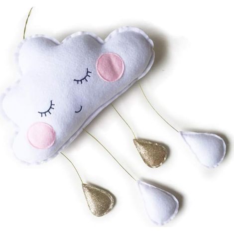 Nuage Gouttes de Pluie Pendentif Suspendu Feutre Peluche Lit de Bébé Nuage Props Pendentif Chambre Tente Pépinière Mobile Décor Suspendu pour Baby Shower Photographie Pépinière (Or Blanc)-Fei Yu (1/5)