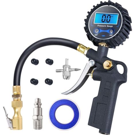 Gonfleur de pneus numérique avec manomètre, résolution de l'affichage de 0,1 250 PSI Accessoires pour compresseur et mandrin à air robuste avec tuyau en caoutchouc et raccord rapide (1/4)