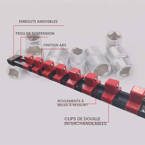 Set of 6 Socket Holders 1/2" (12.7mm), 3/8" (10mm), 1/4" (6.3mm), Storage Rail with 86 Clips, Holder for Metric Sockets and SAE, Organizer for Tool Box, Garage and Workshop (1/4)