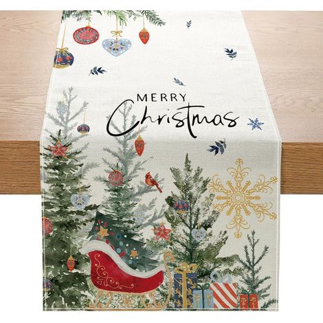 Chemin De Table de Noël 230 x 33cm, Chemin De Table Noel Blanc, Decoration Table Noelavec des Motif Enneigés d'Arbres De Noël, Traîneau, Flocon de Neige, pour Deco Table Noel, Salle à Manger, Maison (1/5)