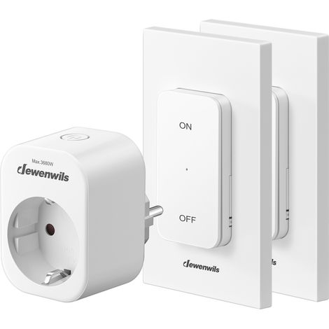 DEWENWILS Prise télécommandée 2V1 – 2 télécommandes murales + 1 prise – 16A 3680W – Portée 30m, sans recâblage – Pré-appariée & extensible, pile fournie – Blanc (1/5)