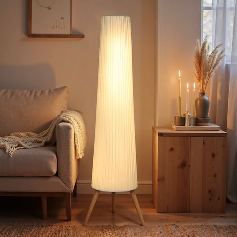 LED Stehlampe Wohnzimmer Dimmbar Holz mit Dreibein, Stehleuchte mit Fußschalter, 46 x 46 x 153 cm, Weiß