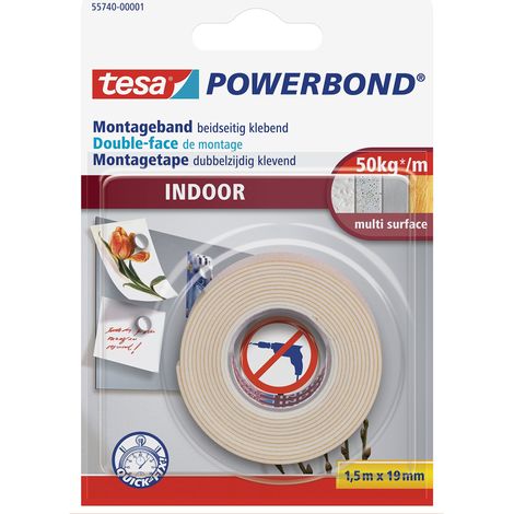 tesa Powerbond INDOOR - Nastro di montaggio biadesivo per interni - adesivo forte su entrambi i lati, per un montaggio permanente - 1,5 m (1/4)