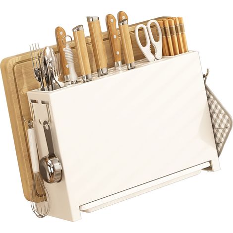 Porte-couteaux de cuisine avec égouttoir intégré pour baguettes et planche à découper, organisateur blanc (1/5)