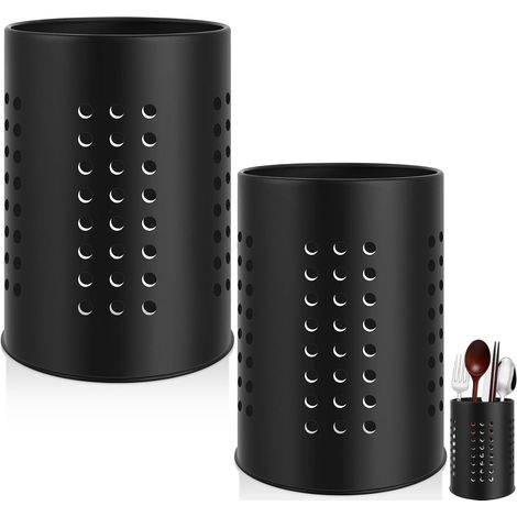 2 Pièces Porte-Ustensiles Cuisine pour Comptoir, Support Ustensile Acier Inoxydable, Porte-Argenterie Pratique, Pot Rangement Couverts, Organisateur pour Cuillères et Spatules (Noir) (1/5)