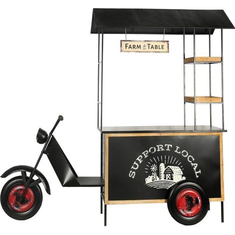 Motocarro Jardinière Présentoir en métal et étagères en Bois Noir et Naturel 205 x 233 x 68 cm