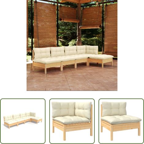 Holzgartenmöbel - 5-tlg. Garten-Lounge-Set mit Creme Kissen Kiefernholz (1/5)
