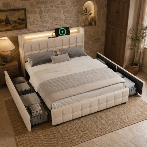 Lit rembourré avec fonction de chargement USB, tête de lit, éclairage LED et 4 tiroirs lit double 180x200cm cadre de lit coffre sommier à lattes en bois beige (matelas non inclus) (1/5)