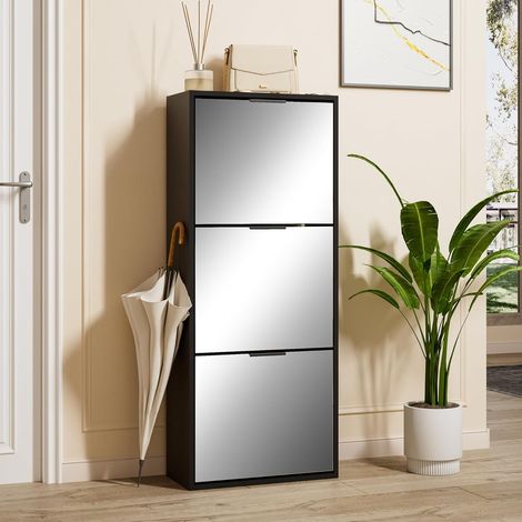 UEV Armoire à Chaussures avec Miroir, Étagère à Chaussures avec 3 Compartiments, Meuble de Rangement pour Chaussures, Étagère Réglable et Amovible, pour Couloir, Entrée, 50 x 23 x 121,5 cm, Noir