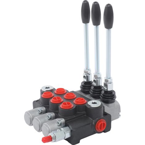 Válvula direccional hidráulica, diseño de 3 elementos, presión ajustable, color plata, negro y rojo. (1/2)