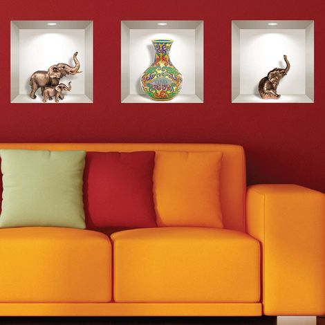 Stickers adhésifs 3D Sticker Mural Autocollant effet 3D éléphants et vase ancien Stickers muraux Chambre Adulte Stickers muraux 3D Déco Salon Autocollants muraux Trompe l'oeil 30x90cm (1/4)