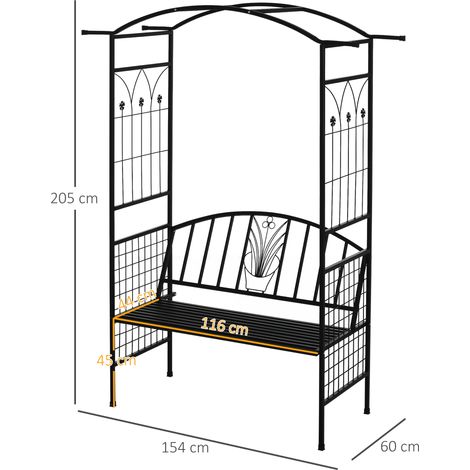 Arche de plantation avec banc, banc d'assise, arche, treillis, métal, noir, 154 x 60 x 205 cm, pour jardin et terrasse
