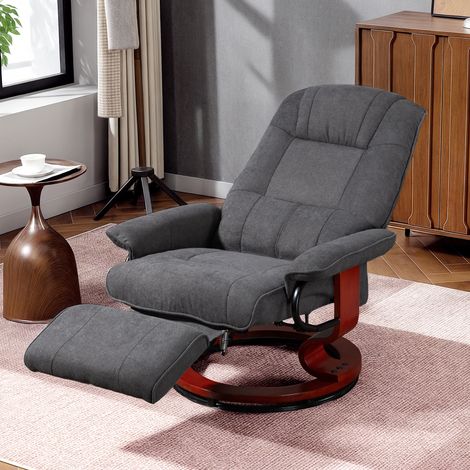 Fauteuil relax pivotant, lin texturé, réglable manuellement, pied en bois, repose-pieds, dossier haut, gris (1/5)
