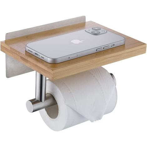Porte-Rouleau de Papier Toilette avec étagère en Bambou Naturel, Porte-Papier Toilette Salle de Bain sans Perçage, Porte-Rouleau Nickel Brossé, H98903BN