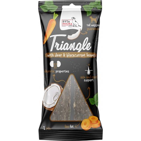Syta Micha Masticables para perros Triángulos masticables 2 piezas/paquete - Triángulo de ciervo con coco y hojas de grosella negra 2 piezas.