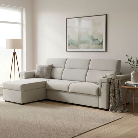 Sofá cama con chaise longue Esca, desenfundable, contenedor Made in Italy, hidrófugo, multiposición, 285x160 cm beige (1/5)