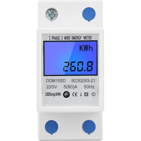 Compteur électrique Monophasé, 5-80A DDM15SD Mètre Relais Electronique d'Energie KWh Monophasé d'Affichage Numérique de Contre-jour d'Affichage à Cristaux Liquides, Compteur d'énergie à rail DIN (1/5)