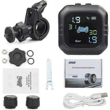 Système d'alarme de surveillance de la température des pneus avec 2 capteurs externes, chargement solaire USB, TPMS pour moto, pression des pneus. (1/5)