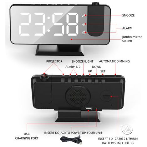 Sveglia Proiettore con Orologio Digitale, Doppia Sveglia e Schermo LED Specchio, 7 Pulsanti, Funzione Snooze, 4 Livelli Luminosità, 12/24h (1/4)