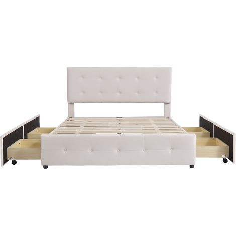CAIziLit double capitonné 140 x 200 cm avec tiroirs, sommier à lattes et dossier, lit double en velours doux pour adultes et adolescents, beige (matelas non inclus) (1/5)