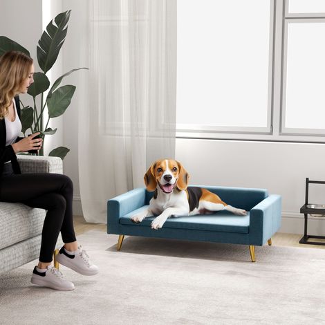 Divano-cuccia per cani dal design scandinavo con morbido cuscino e gambe in metallo dorato, 94 x 59,5 x 31,5 cm, velluto blu setoso
