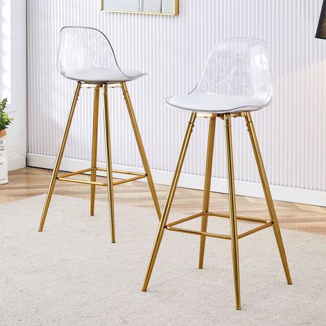 Lot 2 tabourets bar 100 cm transparent, piètement doré, dossier confortable, style café et salon (1/5)