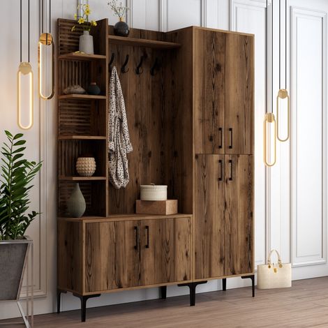 Mueble de Entrada Dovarese, Perchero, 12 Estantes, Puerta abatible, 150x200x35h cm Marrón Nogal (1/5)
