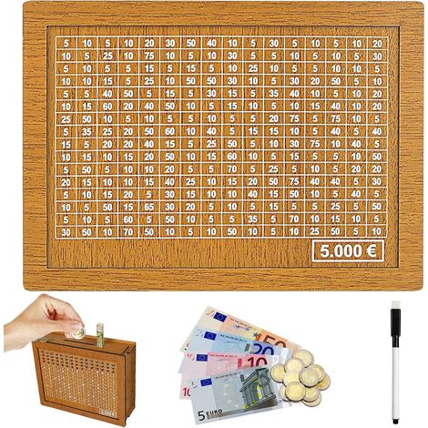 Boîte Rangement Tirelire Rétro, Numérique, avec Marqueur et Objectifs Chiffres D'épargne pour Adultes et Enfants (5000€) (1/5)