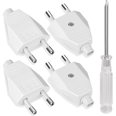 4PCS Fiche Européenne Plate,Fiche mâle,Prise Electrique Male 250V2.5A avec Tournevis, Matériau PP, D'alimentation Domestique Décorative à Encastrer ou à Remplacer(Blanc) (1/5)